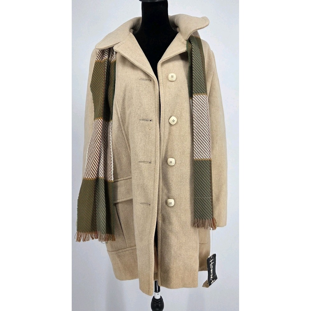 Vtg 80s Herman Kay Womens Coat Size 16 Wool Tan Cream With Scarf A Line NWT